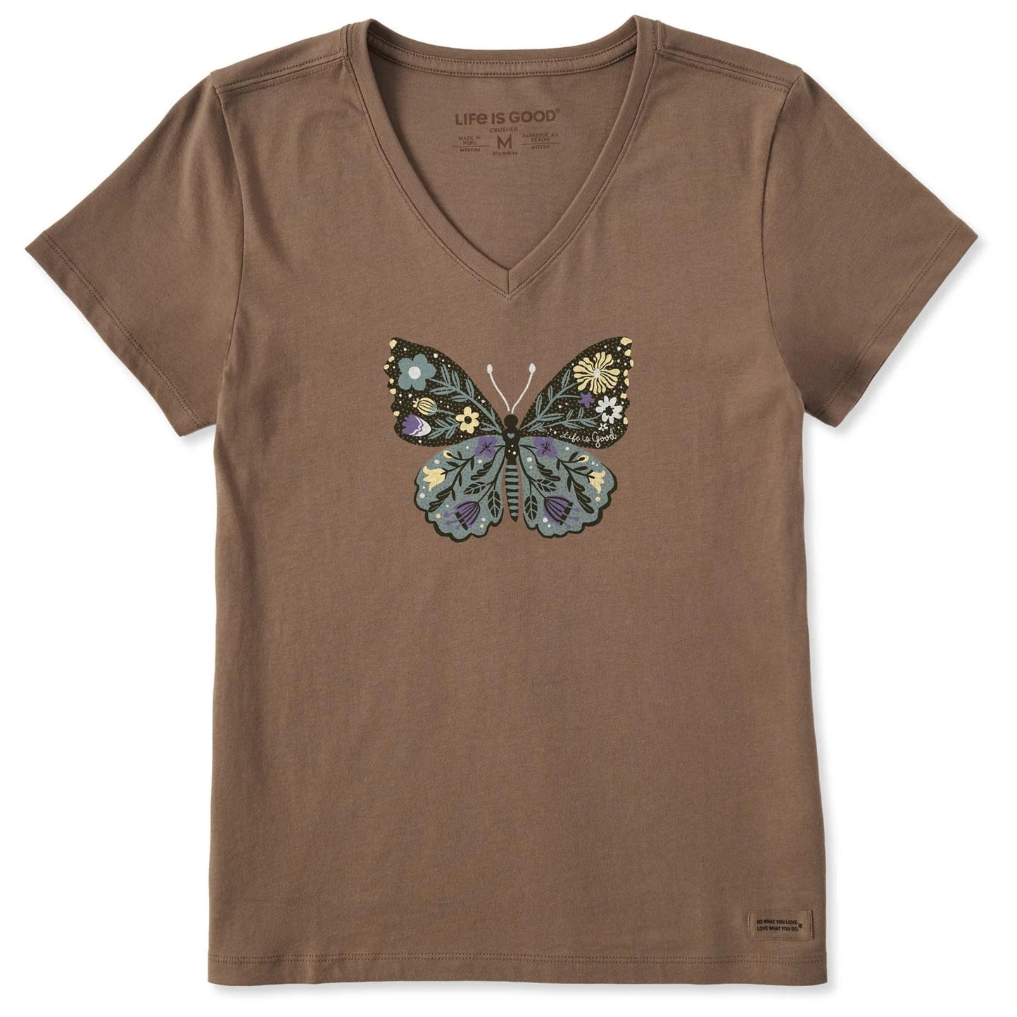 WOMENS LIFE IS GOOD FLORAL BUTTERFLY SHORT SLEEVE SHIRT